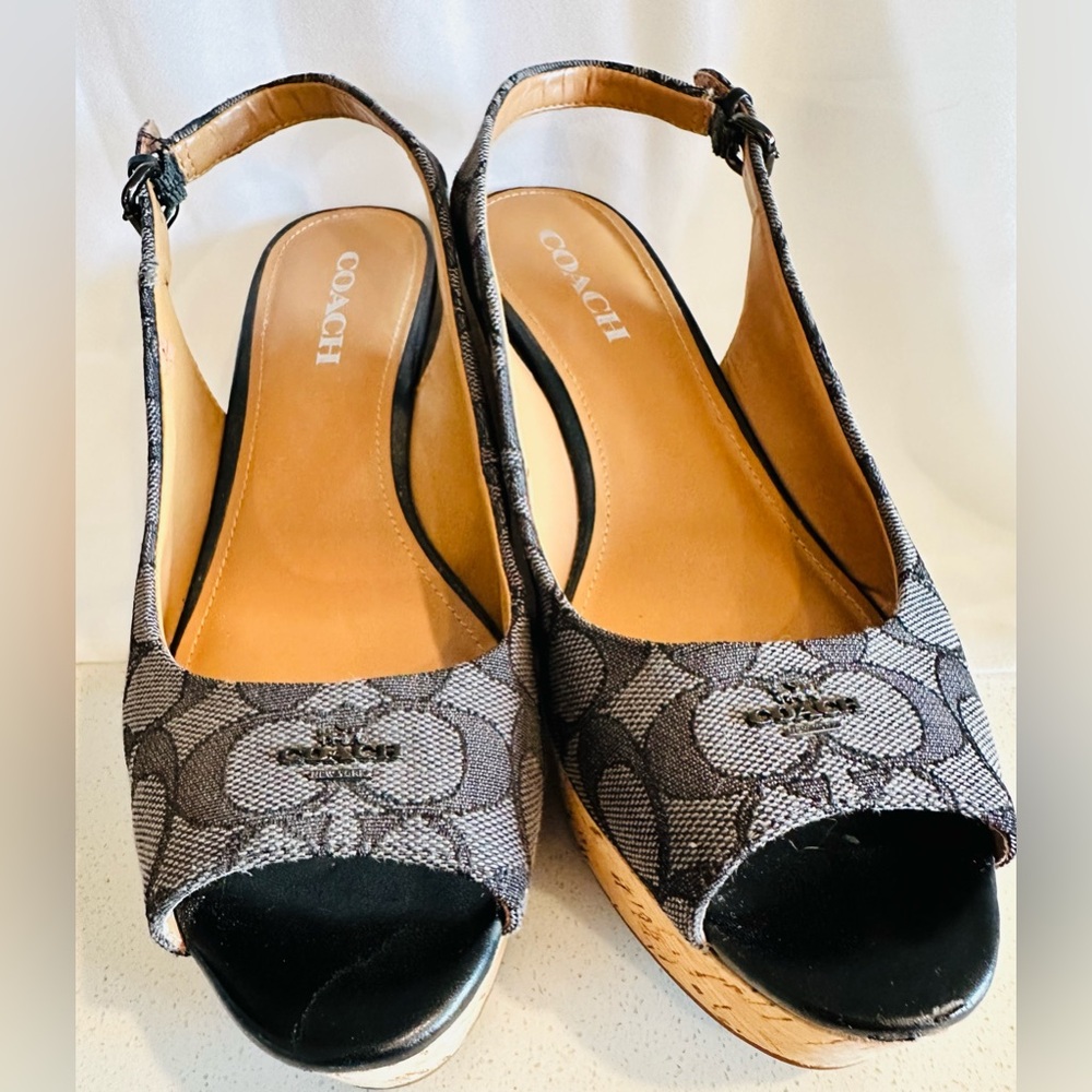 Coach Black and Brown Patterned Wedge Sandals